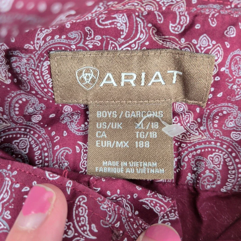 Ariat Boys Olex CAV SMU Burgundy Paisley Western Rodeo Button Down Shirt XL 18